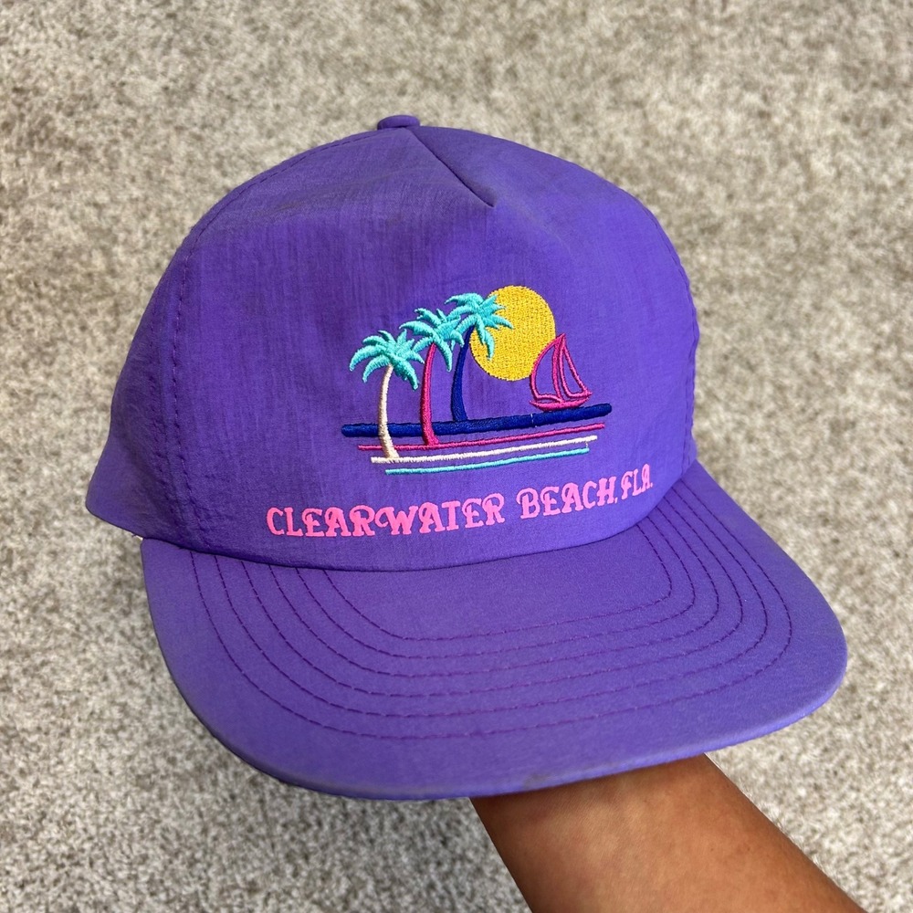 Vintage Clearwater Beach Florida Snapback Hat Cap‎ Purple Nylon 90s
